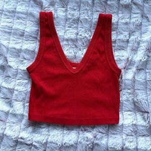 Red Ribbed Deep V Crop Top